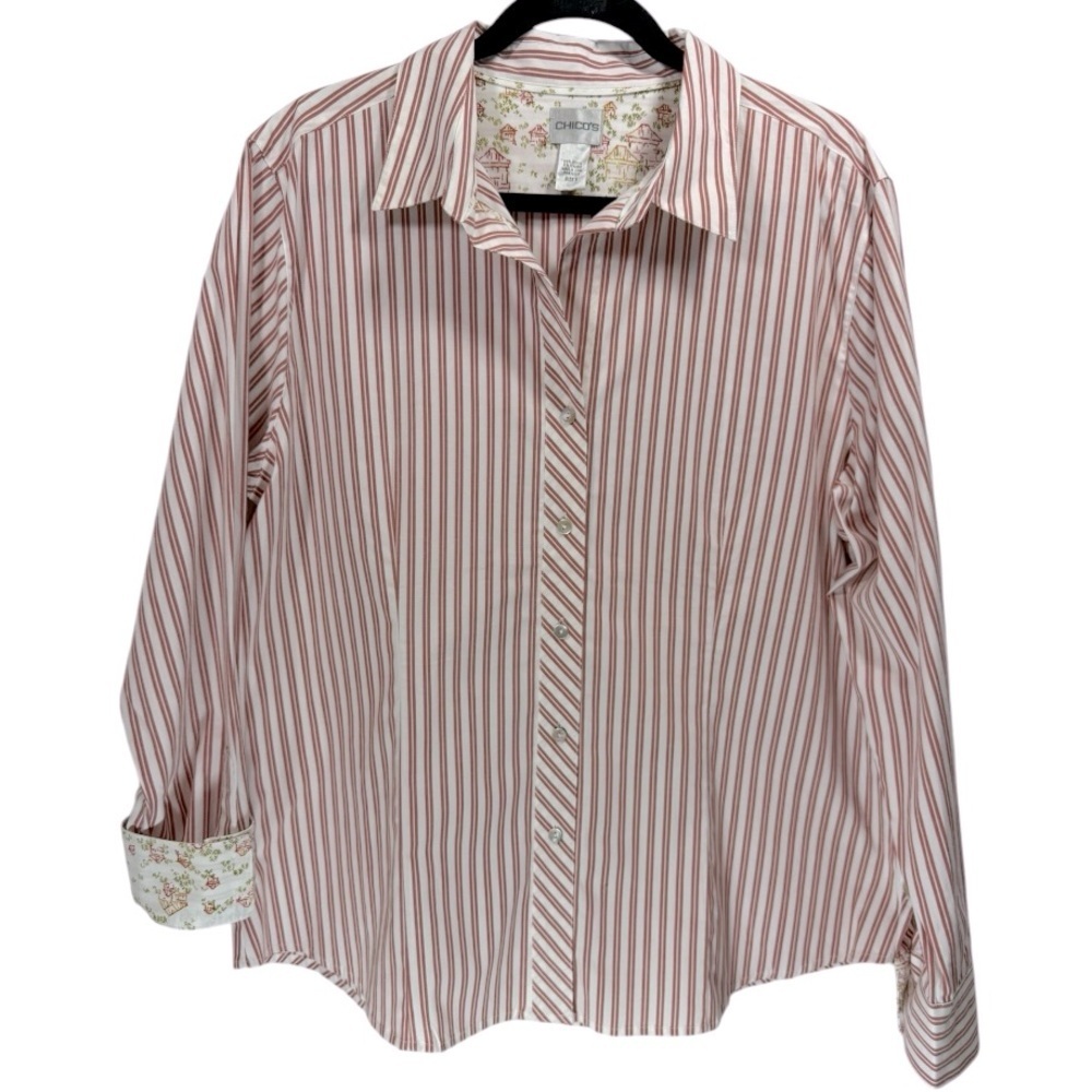 Chico’s Striped Button Up Flip Cuff Blouse Top Red White Size‎ XL